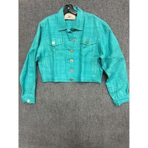 Dancing Ladies Teal Blue 100% Hemp Cropped Jacket Textured Button Up Small